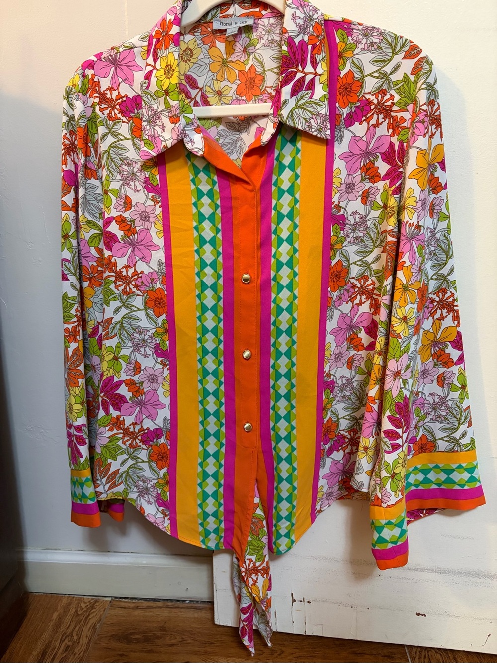 Colorful Floral Button-Front Tie-Hem Shirt — Multicolor